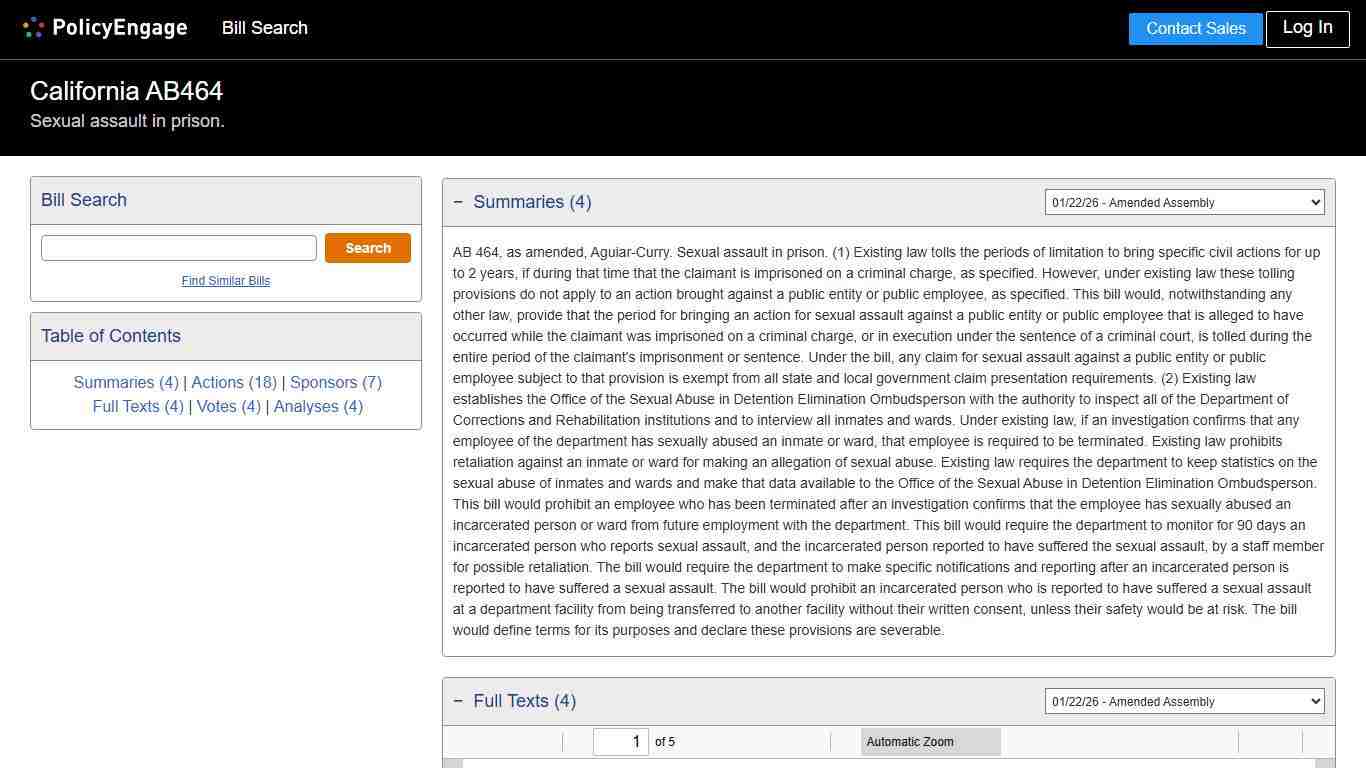 AB464 California 2025-2026 Sexual assault in prison. - Legislative Tracking PolicyEngage