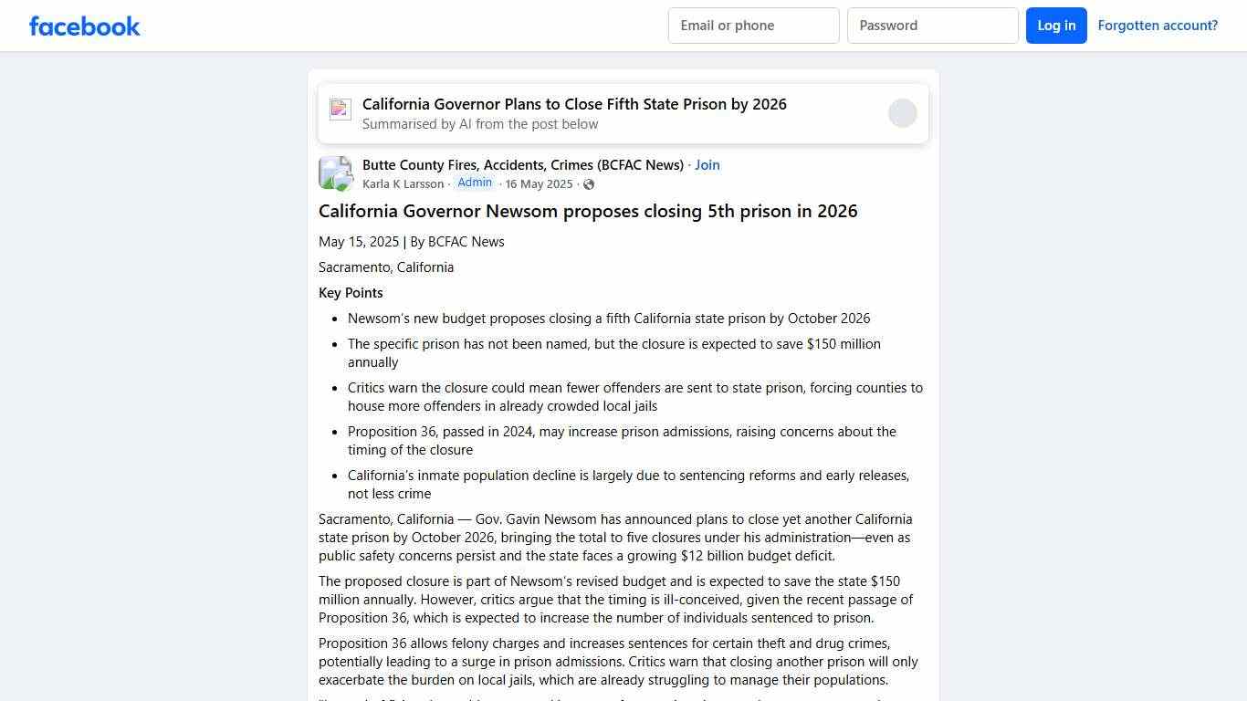 Butte County Fires, Accidents, Crimes (BCFAC News) # **California Governor Newsom proposes closing 5th prison in 2026** Facebook